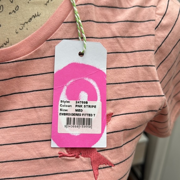 NWT One Teaspoon Embroidered Fitted T pink striped avail in XS, S and M - Picture 6 of 8